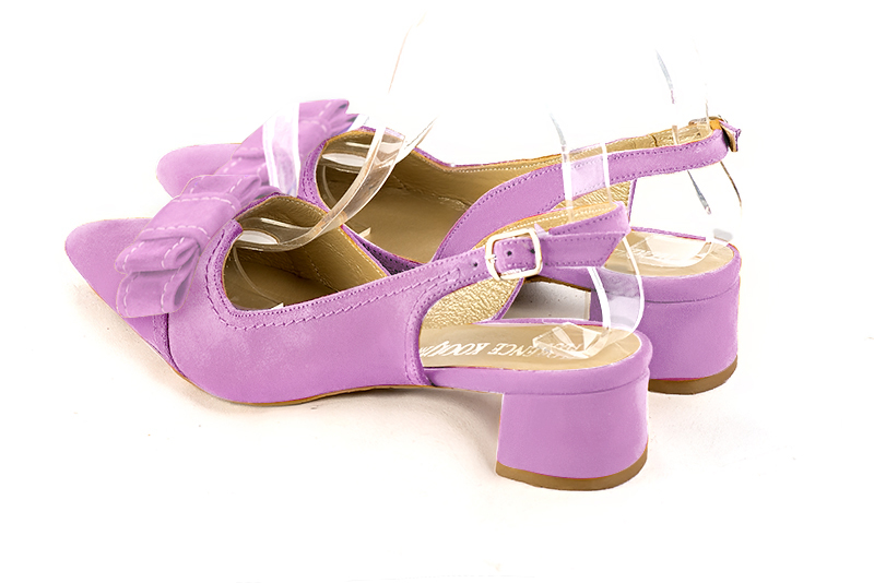 Mauve purple women's open back shoes, with a knot. Tapered toe. Low flare heels. Rear view - Florence KOOIJMAN